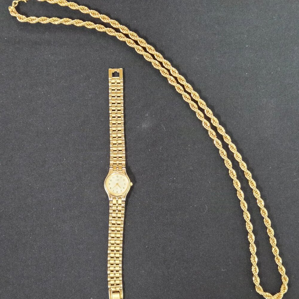 Set of two items gold chain costume jewelry and Citizen gold color watch